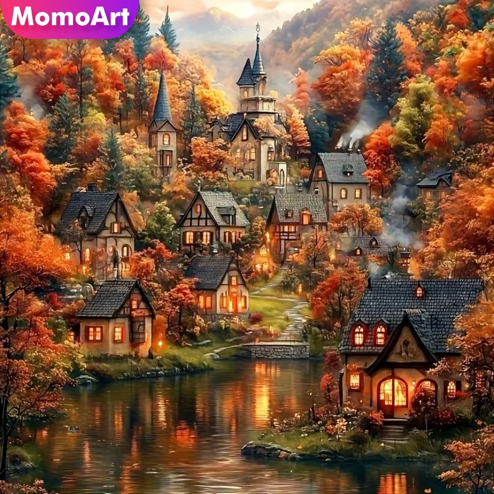 Momoart Diamond Mosaic House Landscape Full Drill Square Diamond Painting Tree DIY New Collection Home Bedroom Wall Artwork
