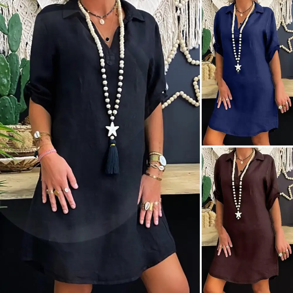 Lady Dress Chic Lapel V-neck Mini Dress Stylish Office Homewear for Women with Short Sleeves Loose Pullover Design for Ol