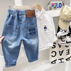 Spring Autumn Kid Boys Denim Pants Sticker Patched Letter Pockets Children Boys Jeans Loose Exterior Stylish Students Boys Pants