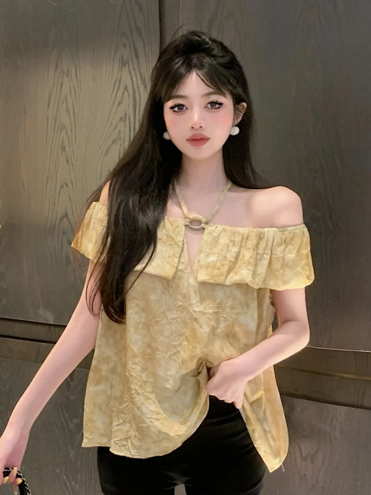 

Elegant Vintage Hollow out One Shoulder Neckline Women's Summer Loose Belly Covering Chiffon Top Fashionable Commute Style ...
