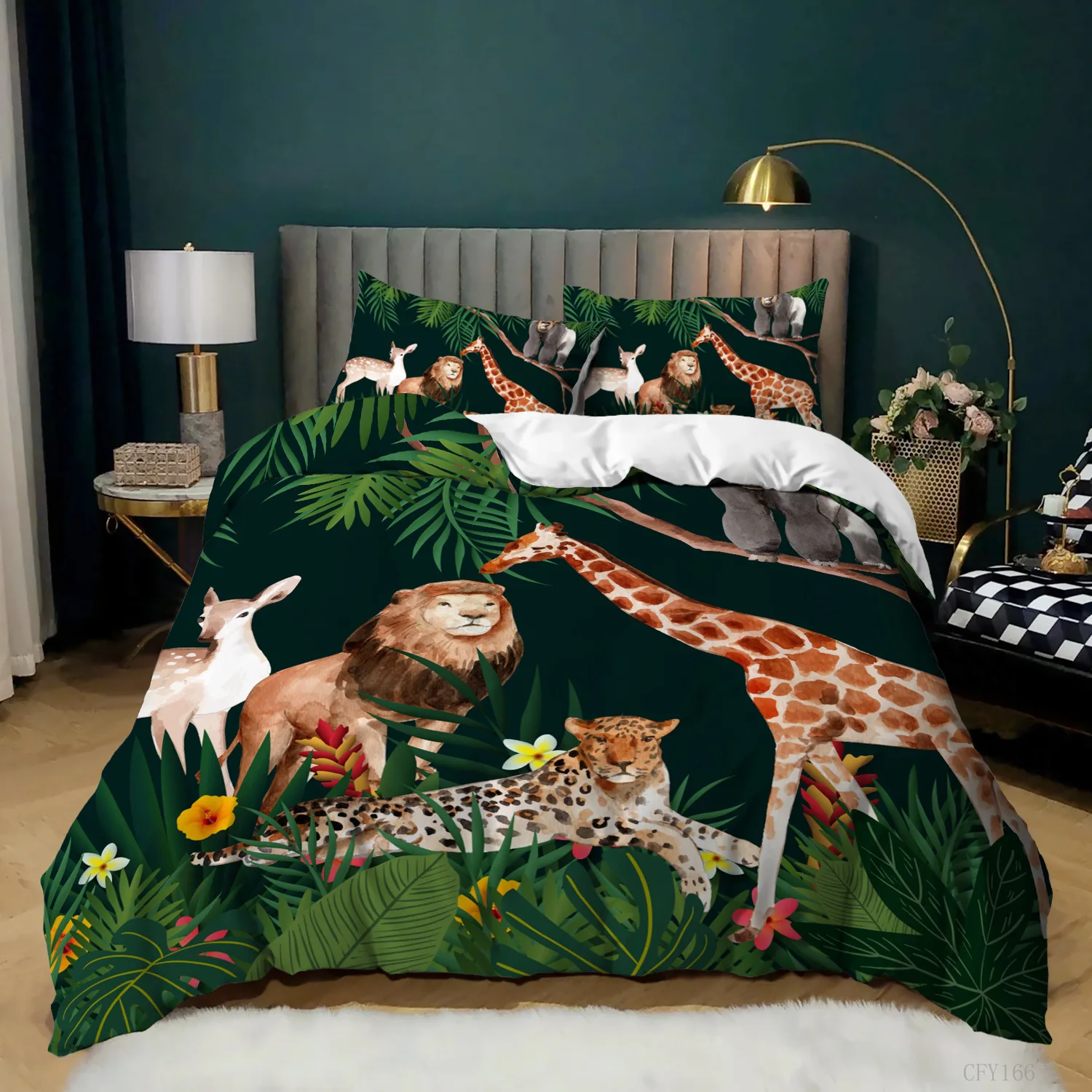 

Animal Duvet Cover Set King Twin Size Elk Giraffe Lion Tiger Pattern Bedding Set Microfiber Rainforest Animals Theme Quilt Cover