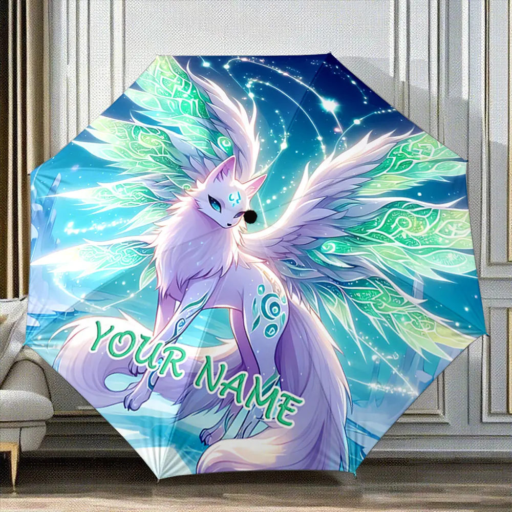 Custom Name Umbrella "Fantasy Fox with Glowing Wings on Ice Canvas Design" Portable Folding Umbrella,Christmas Gift