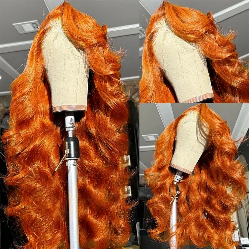 Peluca Frontal de encaje transparente para mujer, cabello humano ondulado, 13x4, 13x6, naranja jengibre, 30 pulgadas