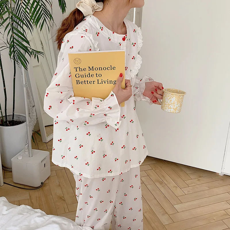 Sweet Cherry Print Autumn Pajamas Set Women O-Neck Long Sleeve Shirts + Trousers Cotton Two Piece Home Suit Ruffles Sleepwear