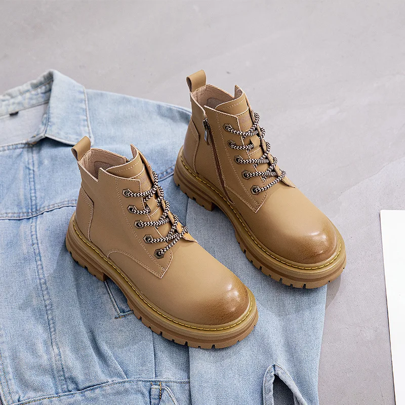 CICIYANG Chunky Marton Boots Women Genuine Leather Autumn 2024 New Ladies Workwear Yellow High Top British Style Motorcycle Boot