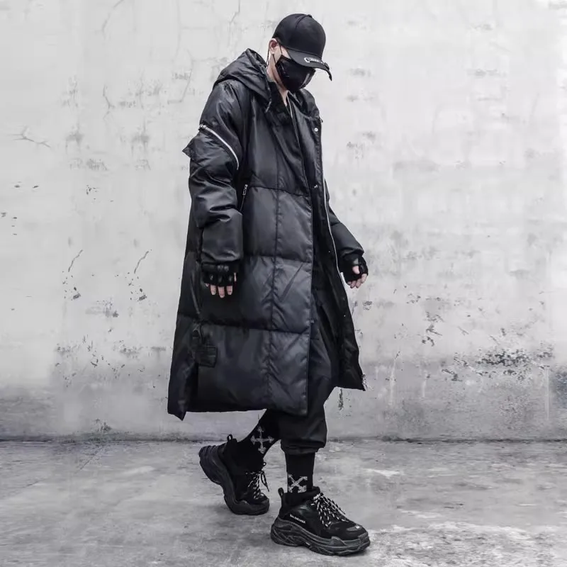 2024 Winter Zwarte Functionele Parka Dikke Jas Windjack Mannen Capuchon Lange Gewatteerde Jassen Streetwear Hip Hop Warm Techwear