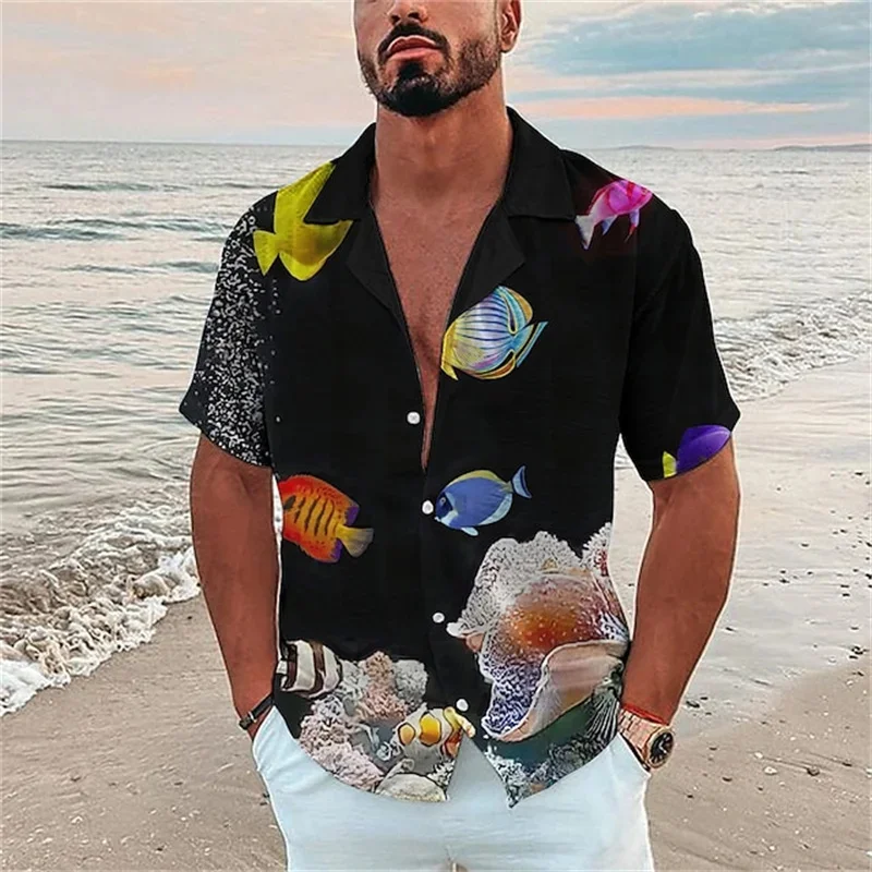 Fashion new men\'s Hawaiian shirt ocean 3D printed sky blue short sleeve button cardigan beach plus size 5XL summer