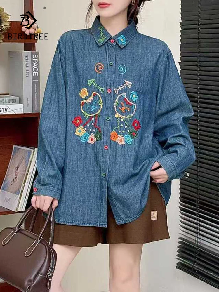 

New 2025 Winter Long Sleeve Denim Shirt, Women Turn-down Collar Embroidery, Mori Girl Sweet Age Reduction Loose Blouse T5N927CC
