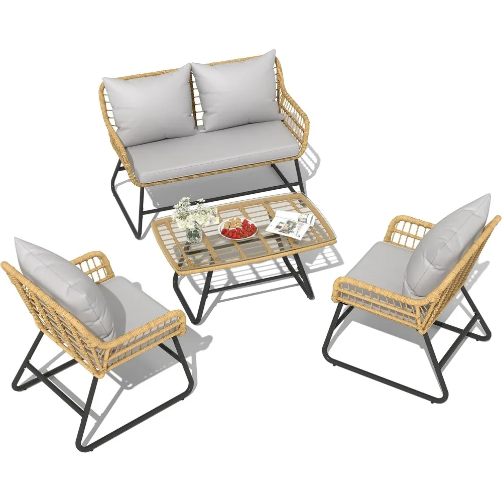 

Outdoor Conversation Set 4 Piece, Outdoor Wicker Bistro Set with Removable Cushion, Rattan Patio Loveseat Sets for Garden, Back