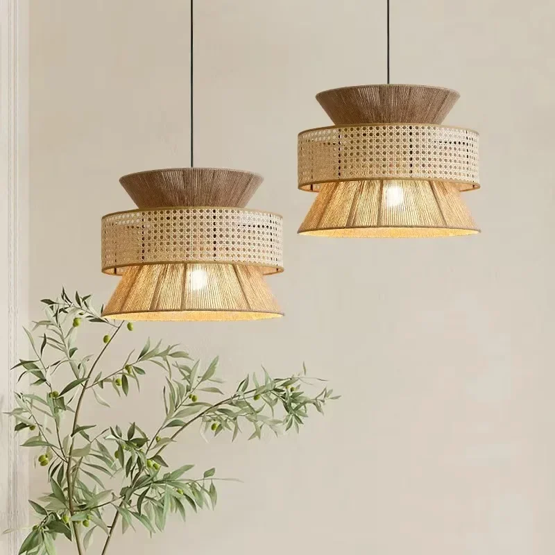 Hemp Rope Hanging Pendant Light Rattan Made Multiple Layers Designed Chandelier Lamp Apply for Home Bedroom Decorative Lighting