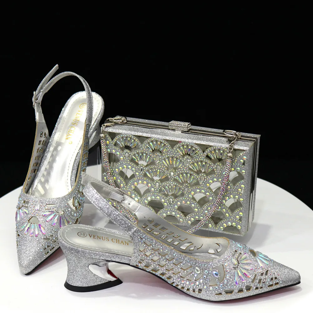 

Special Arrivals Summer Italian Women Shoes and Bag To Match High Quality with Shinning Crystal in Silver Color for Wedding