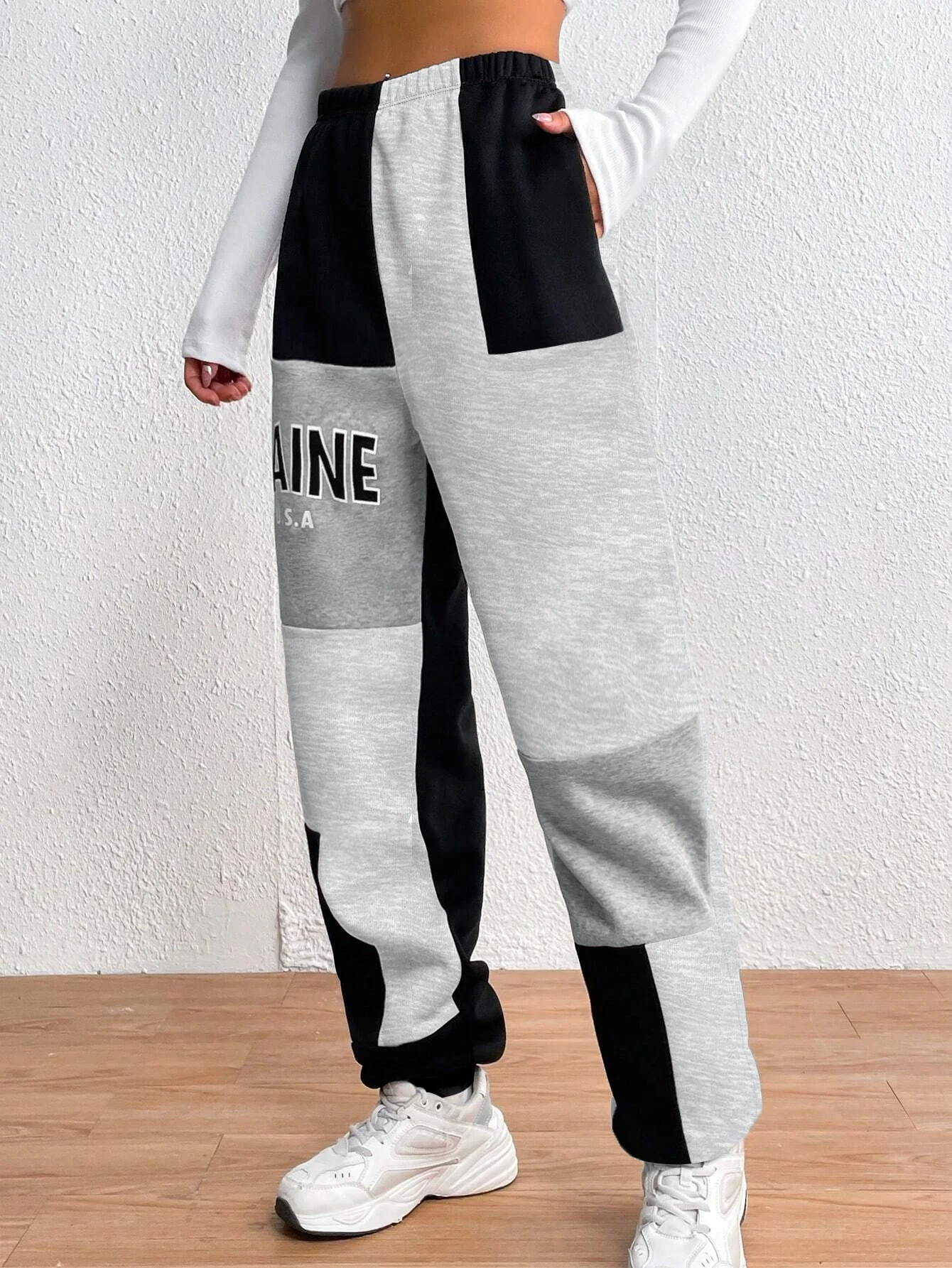 LW Color Block Jogger Pants Letter & Patchwork Print Knitting Trousers Casual Slant Pocket Elastic Waist Pants For Fall