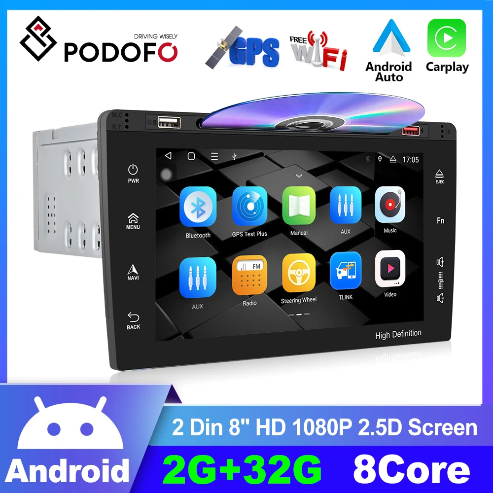 Podofo Android 8-core Car Stereo Radio Double Din 8'' HD 1080P 2.5D Carplay Bluetooth WIFI GPS FM Radio Receiver Car MP5 Player