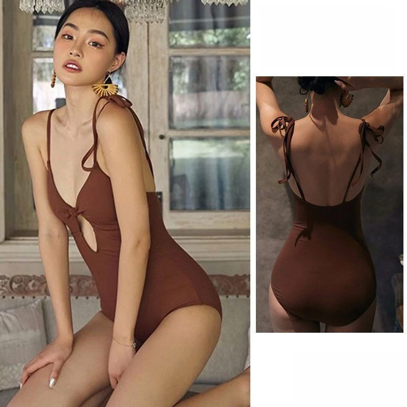 

Sexy Retro Deep V Suspenders Female Swimming Suit Beach Vacation Simple Solid Color Backless One-piece Hot Spring Bathing Suit