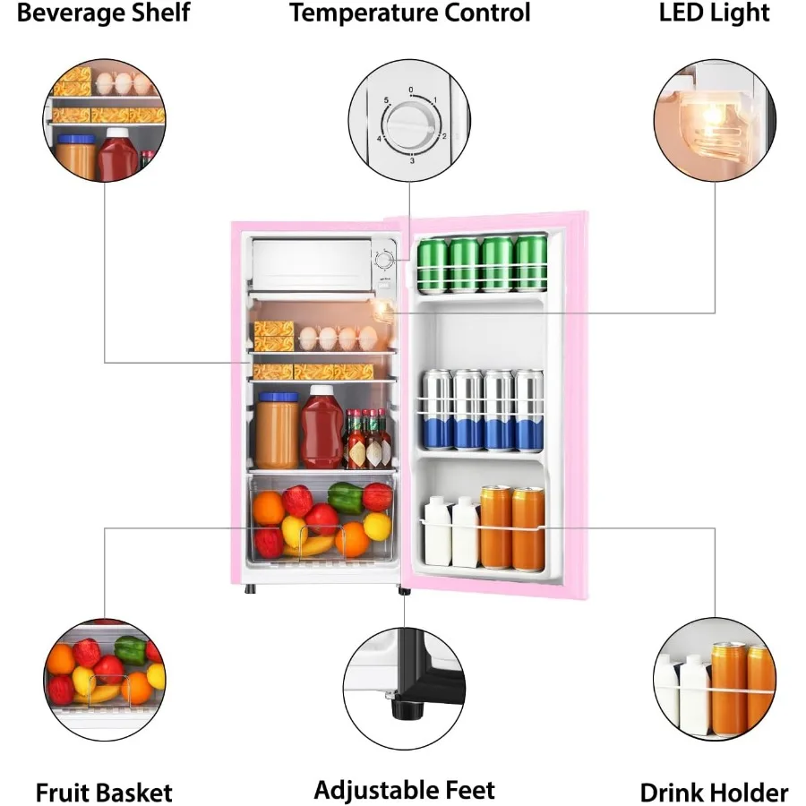 Kulkas Mini 3.1 Cu.Ft dengan Freezer, Pintu Tunggal, Kulkas Kompak untuk Apartemen, Asrama, Kantor, Kamar Tidur, 5 Pengaturan Suhu