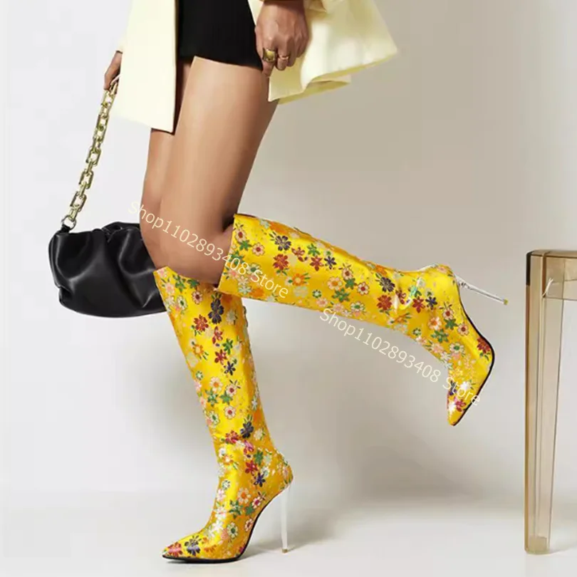 

Yellow Pointed Toe Embroider Silk Boots Back Zipper Solid Thin High Heels Women Spring Sexy Shoes Fashion Shoes Zapatillas Mujer