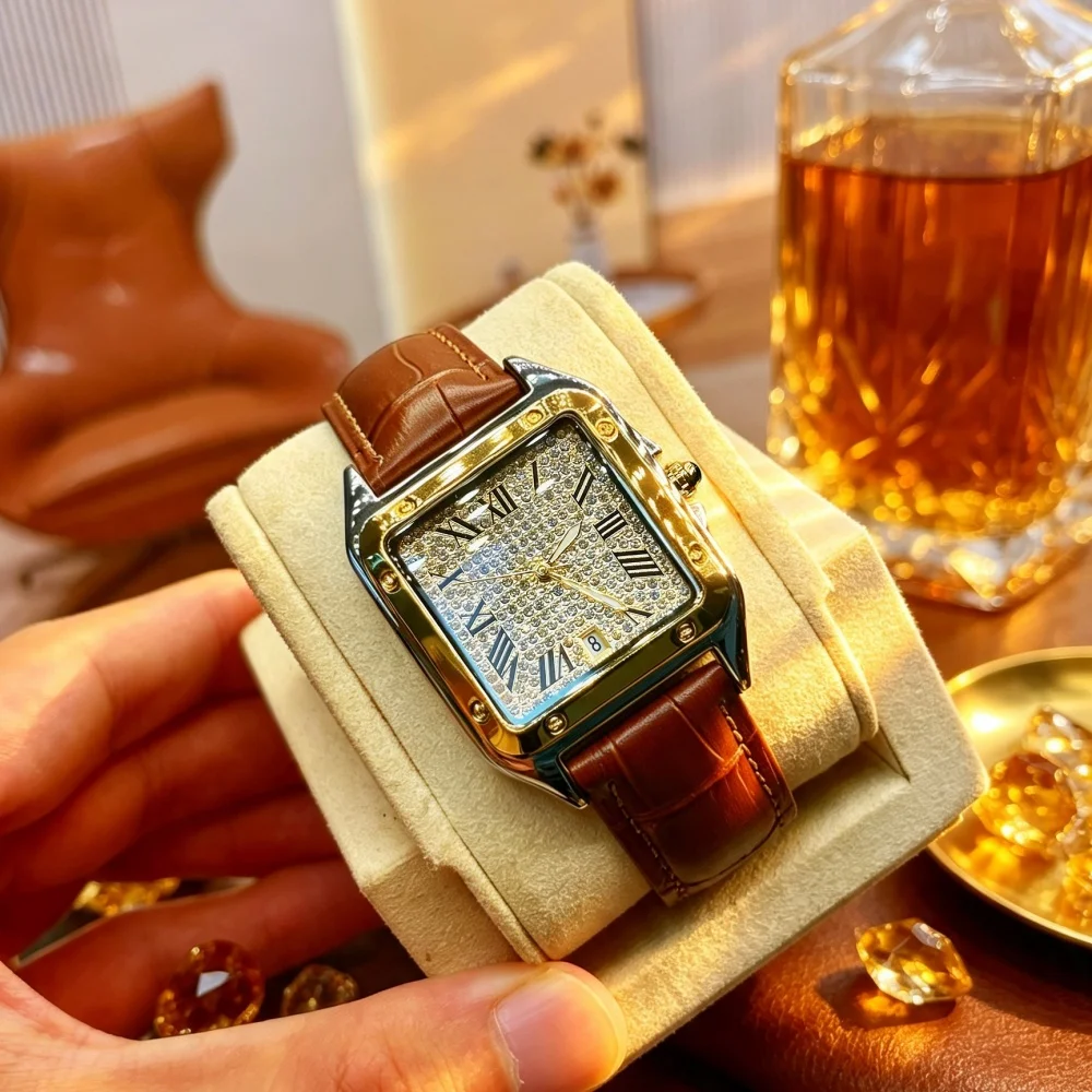 Light Luxury Square Men's Quartz Watch with Full Diamond Dial, Roman Numeral Markers, Waterproof, Calendar, Fashionable, Casual, Versatile Men's Watch, the Best Gift for Him