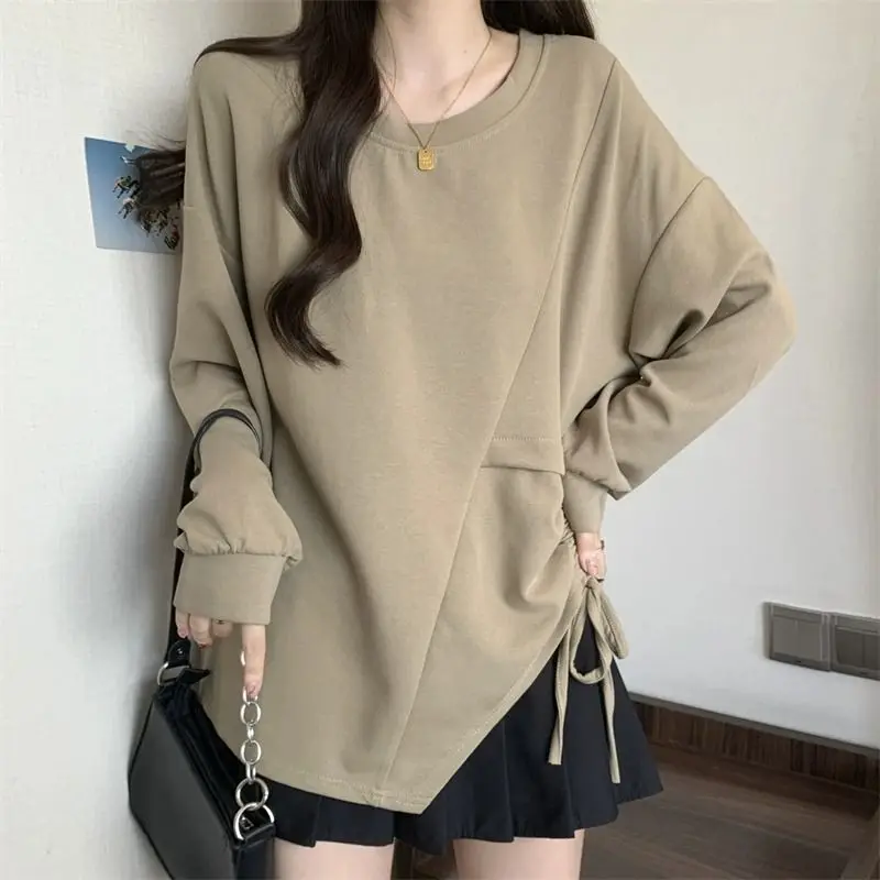 

Irregular Stylish Drawstring Pullovers Spring Autumn Solid Color Women's Clothing Asymmetrical Loose Casual O-Neck Sweatshirts