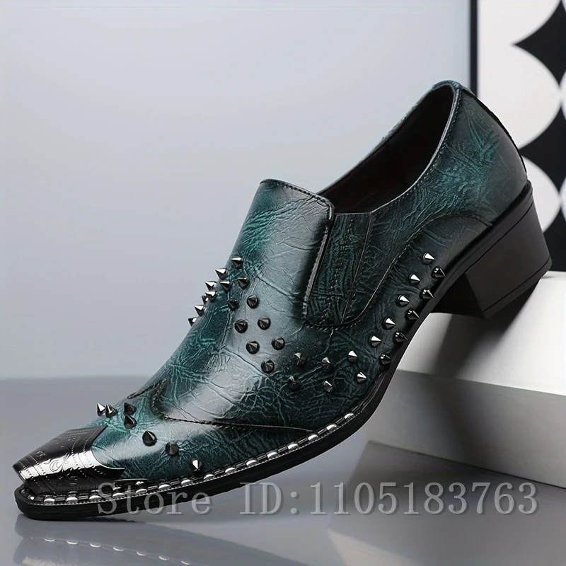 

Fashion Men Rivet Studded Pointed Toe Loafers Metal Cap Toe Nightclub Party Gothic Fashion Formal Slip On Oxford Shoes Size 48