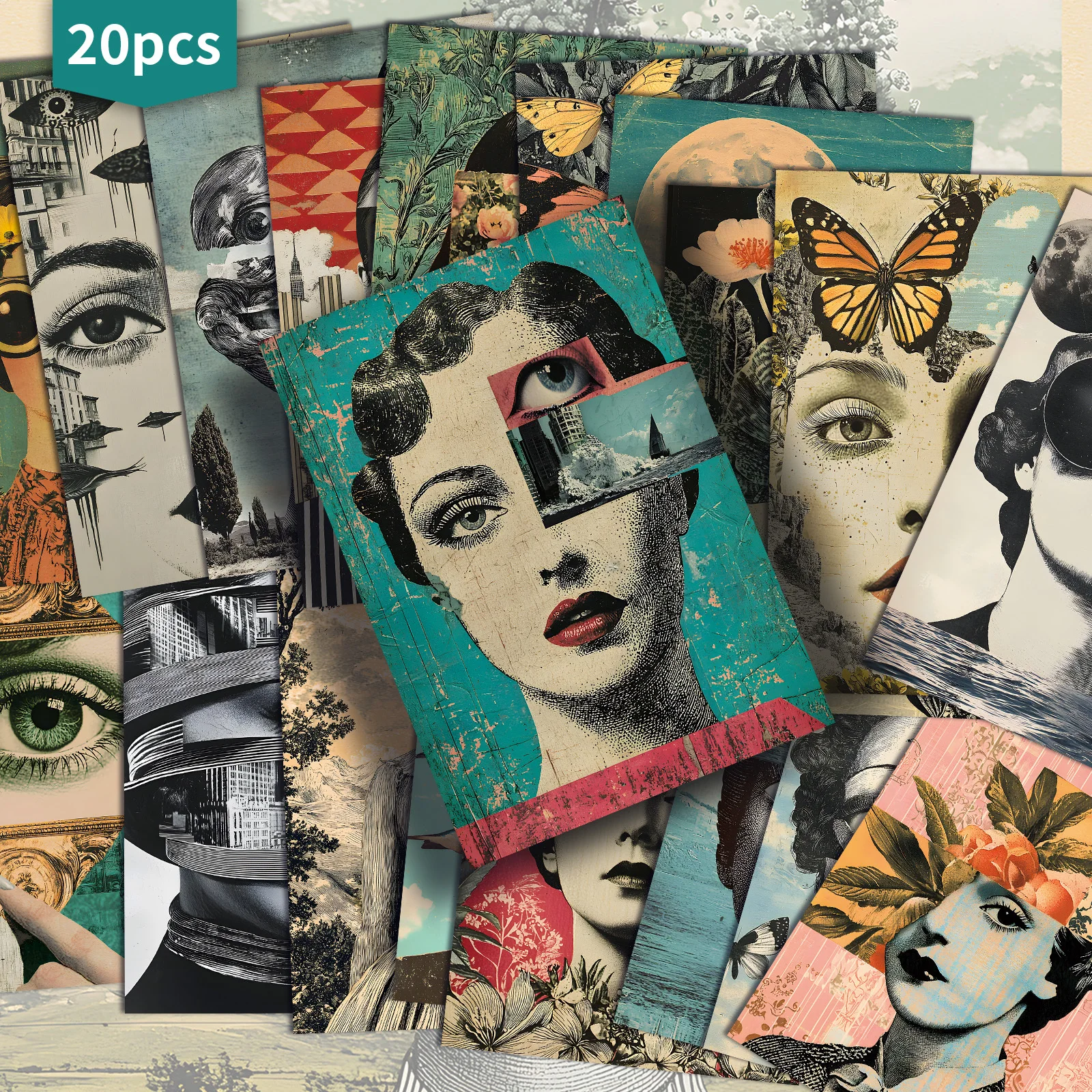 20PCS Vintage Surreal Collage Postcards with Classic Style Illustrations, Collectible Decorative Cards for Use in Scrapbooks