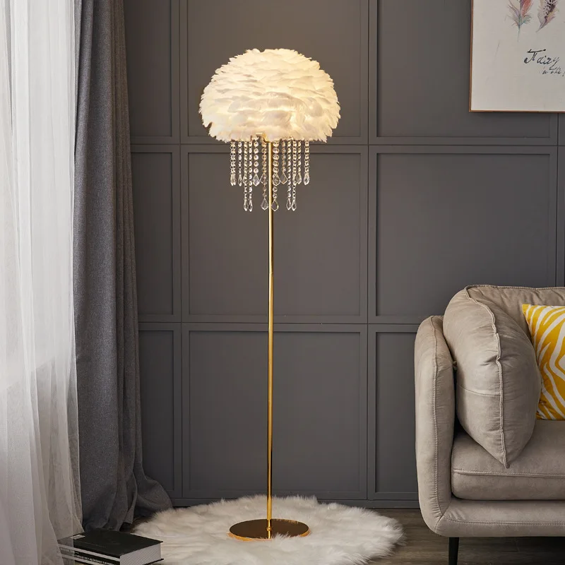 

Floor lamp feather crystal light luxury Nordic living room sofa next to bedroom bedside Internet celebrity live stream warm