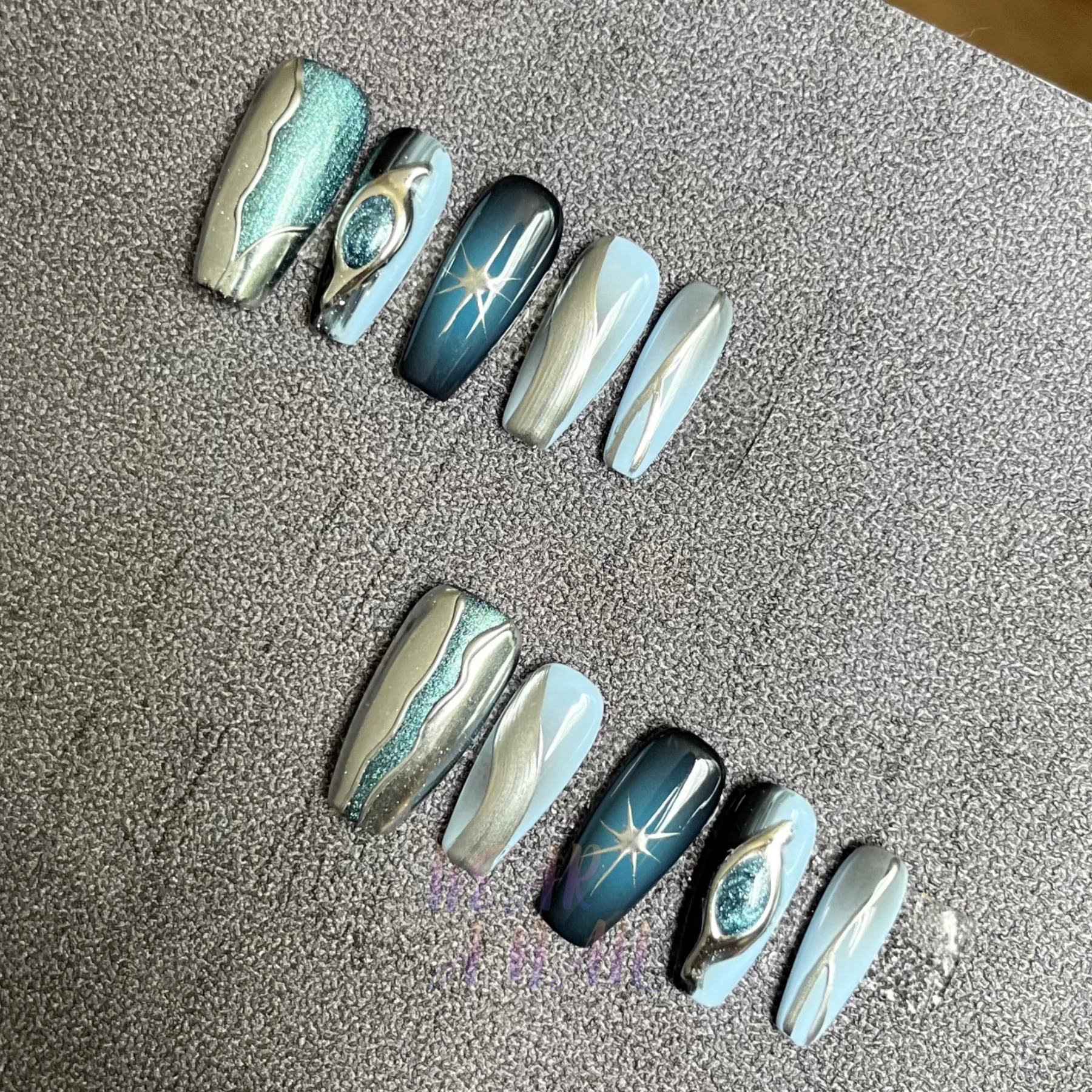 Uñas postizas de Metal y2k hechas a mano, uñas postizas de color azul, 10 piezas