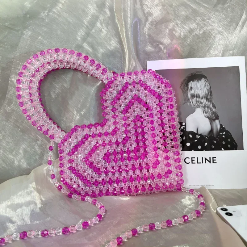 

Тканые акриловые сумки через плечо ручной работы для женщин, Сумка с кристаллами Love, женская модная Сумка с бусинами в форме сердца