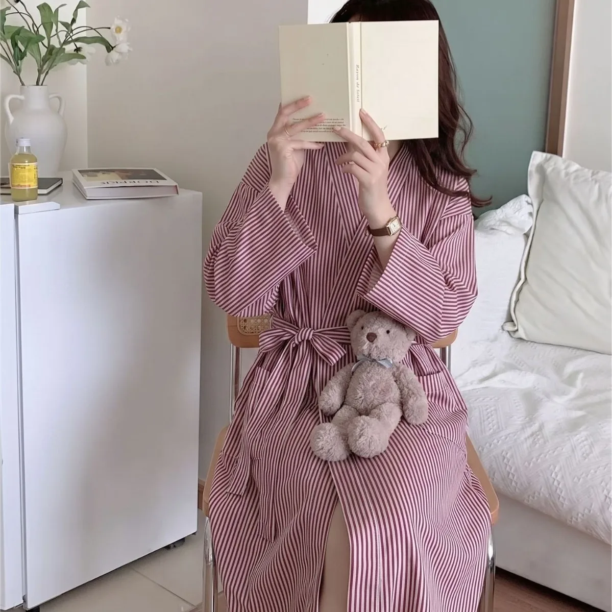 Medium and Long Autumn Pink Striped Nightgown Bathrobe Pajamas Women's Casual Loungewear