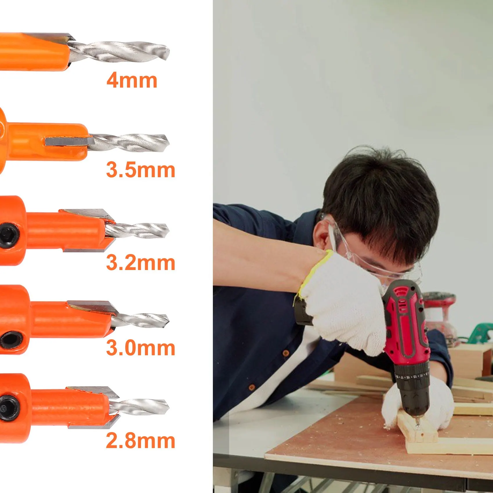 Mata bor lubang kayu 8MM, Set pemotong sekrup, mata bor Countersink dengan batang kayu