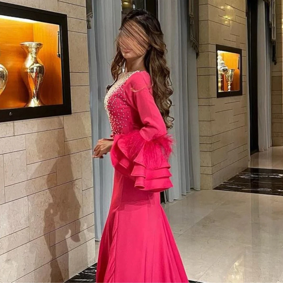 Jirocum حورية البحر تول الخامس الرقبة فساتين حفلات المرأة مطرز ريشة كم طويل حفلة ثوب مسائي طول الأرض مناسبة رسمية فستان