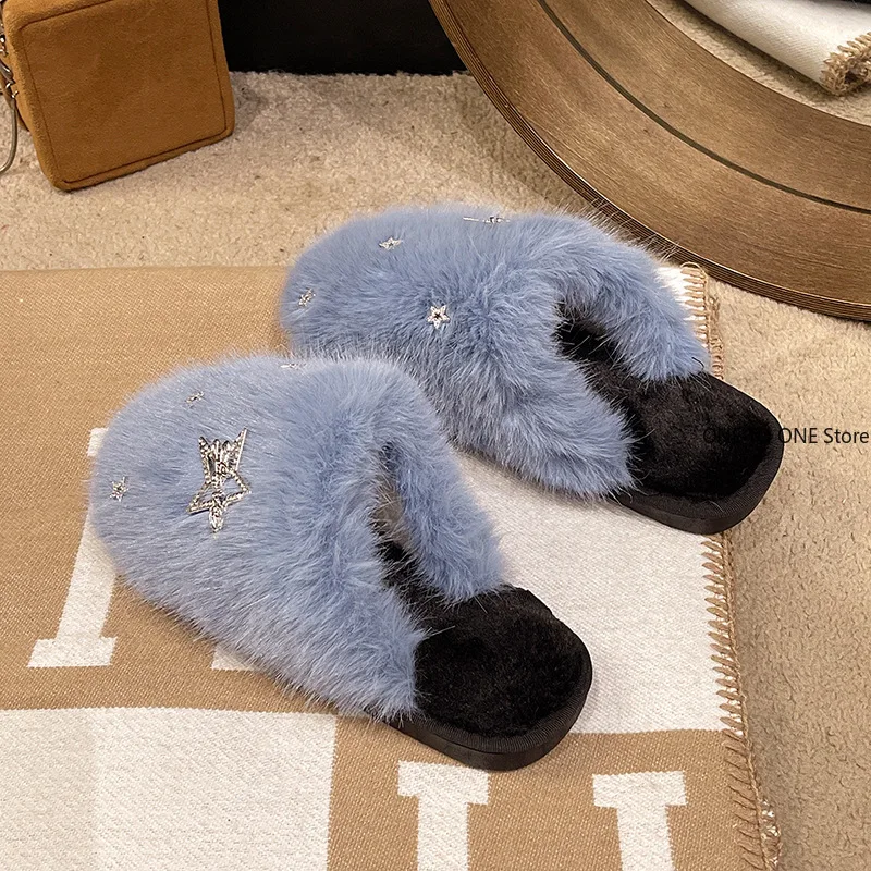 Women Winter Home Fur Slippers Cartoon Cat Non-Slip Soft Warm House Indoor Bedroom Men Couples Boys Girl Memory Foam Floor Shoes