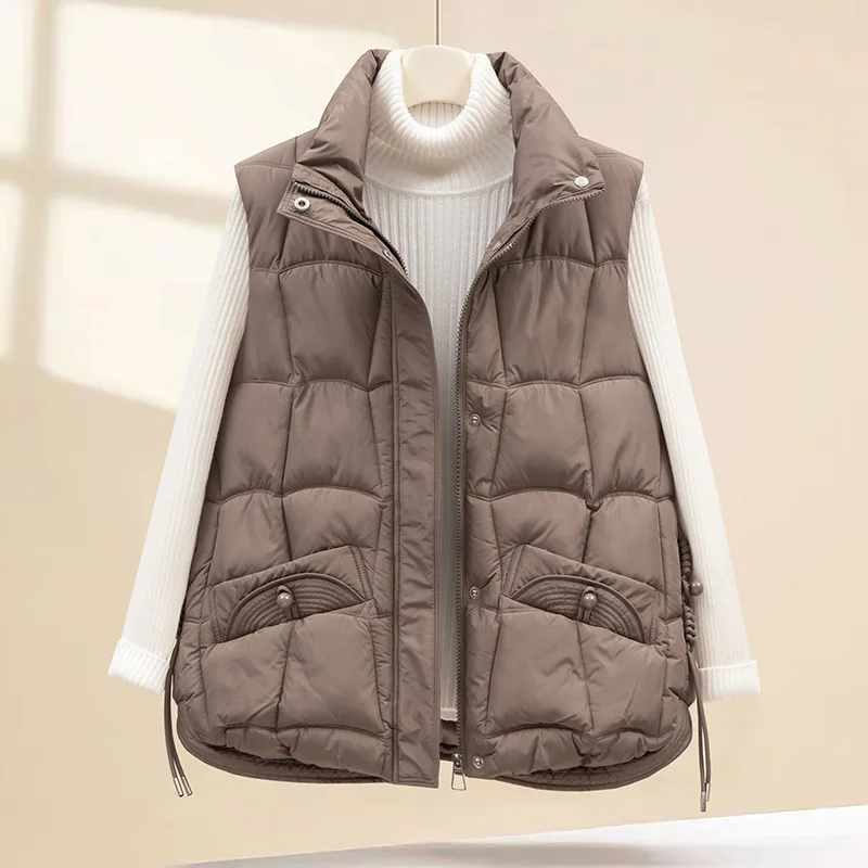 Women Short Parkas Vest Oversize Coats Solid Sleeveless Zipper Drawstring Loose Fit Thick Casual Office Lady 2025 Autumn Winter