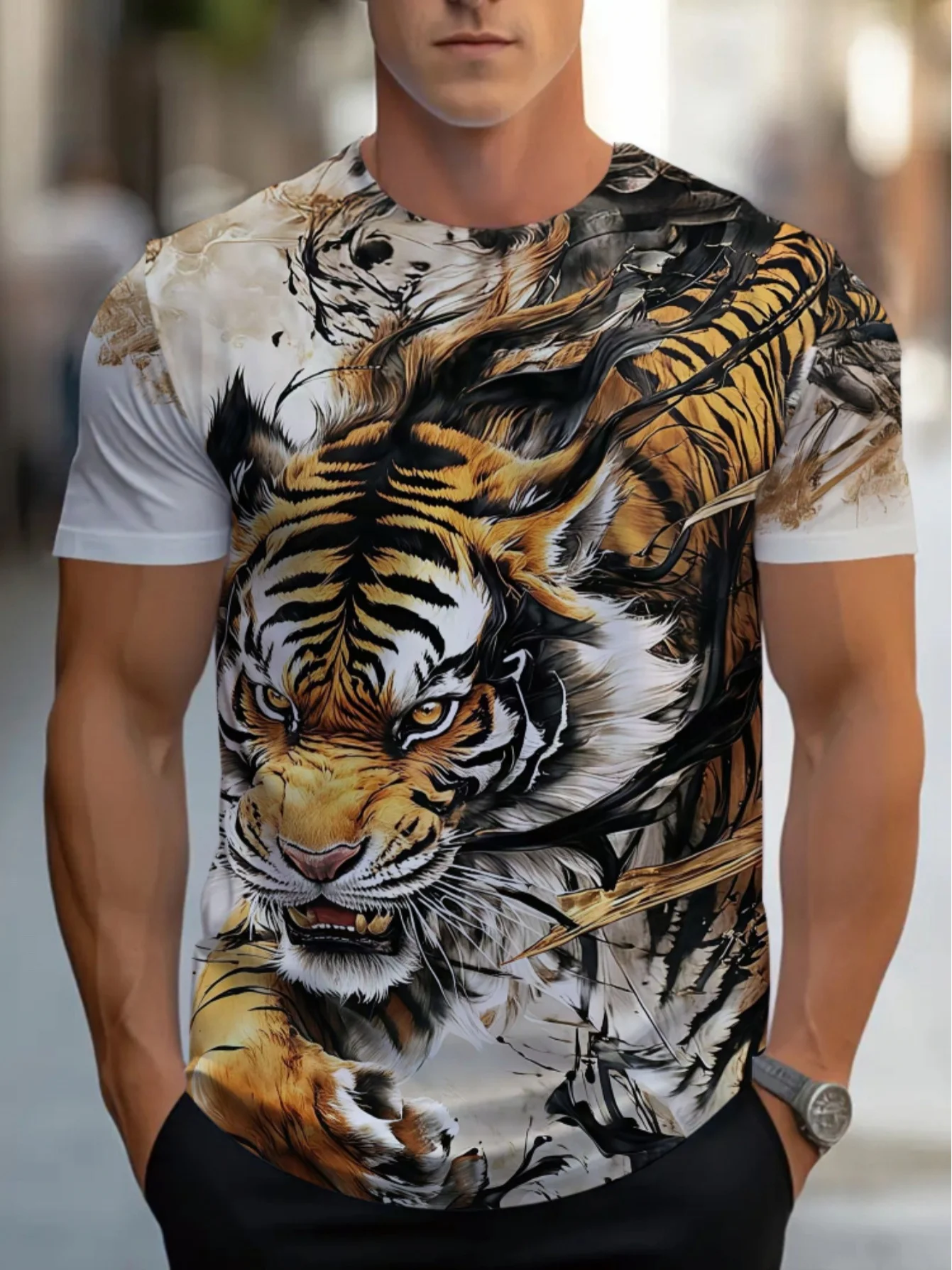 Men Short Sleeve T‑Shirt Aggressive Roaring Tiger Ink Splash Animal Crew Neck Casual Tops