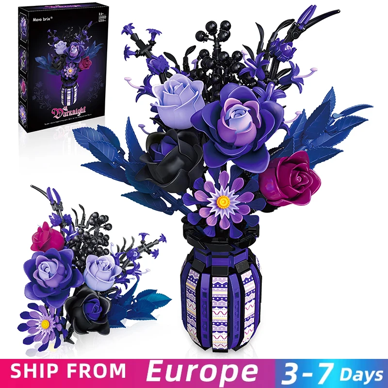 1218PCS Dark Romance Flower Building Blocks Bouquet gotico con vaso modello educativo giocattolo fai da te decorazione del desktop regali per i bambini