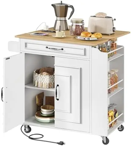 Kitchen Island with Power Outlets & Drop Leaf, Rolling Kitchen Cart on Wheels, Kitchen Storage Island with Spice Rack