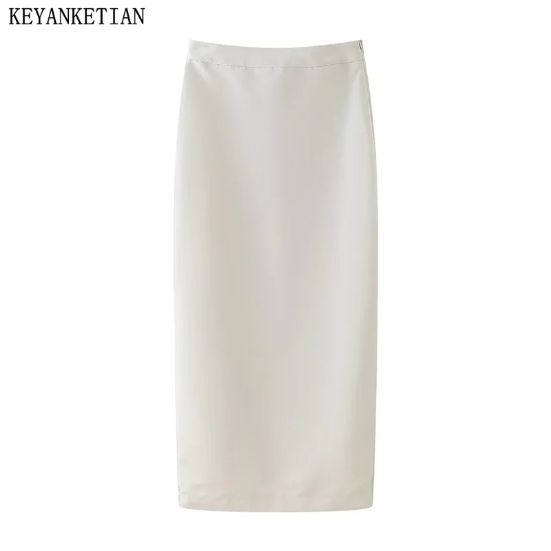 

KEYANKETIAN 2024 New Launch Women's Solid color MIDI Skirt Spring Side Zipper High waist Back Slit Slim Straight Leg-ankle Skirt