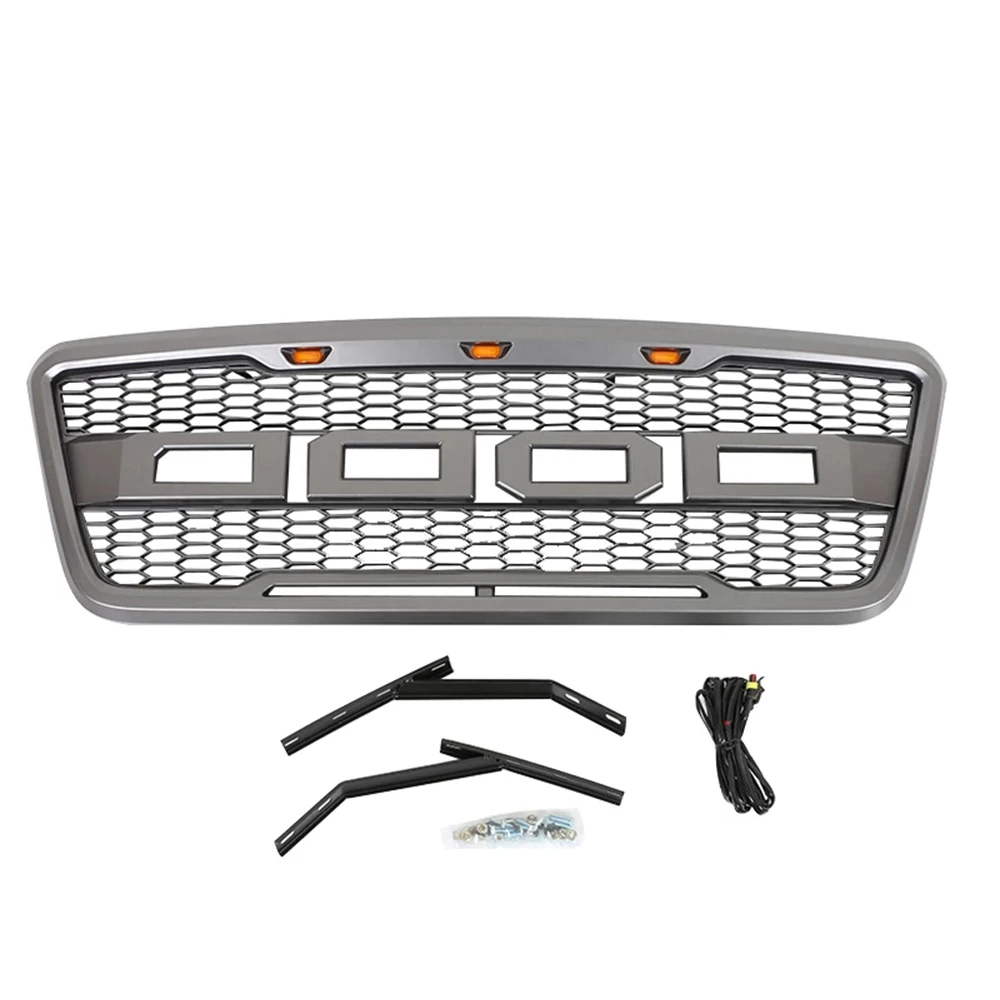 For Ford F150 2004-2008 Raptor Style Grey ABS Front Grill Bumper Hood Mesh Grille with Amber LED Lights And+Letters Modified