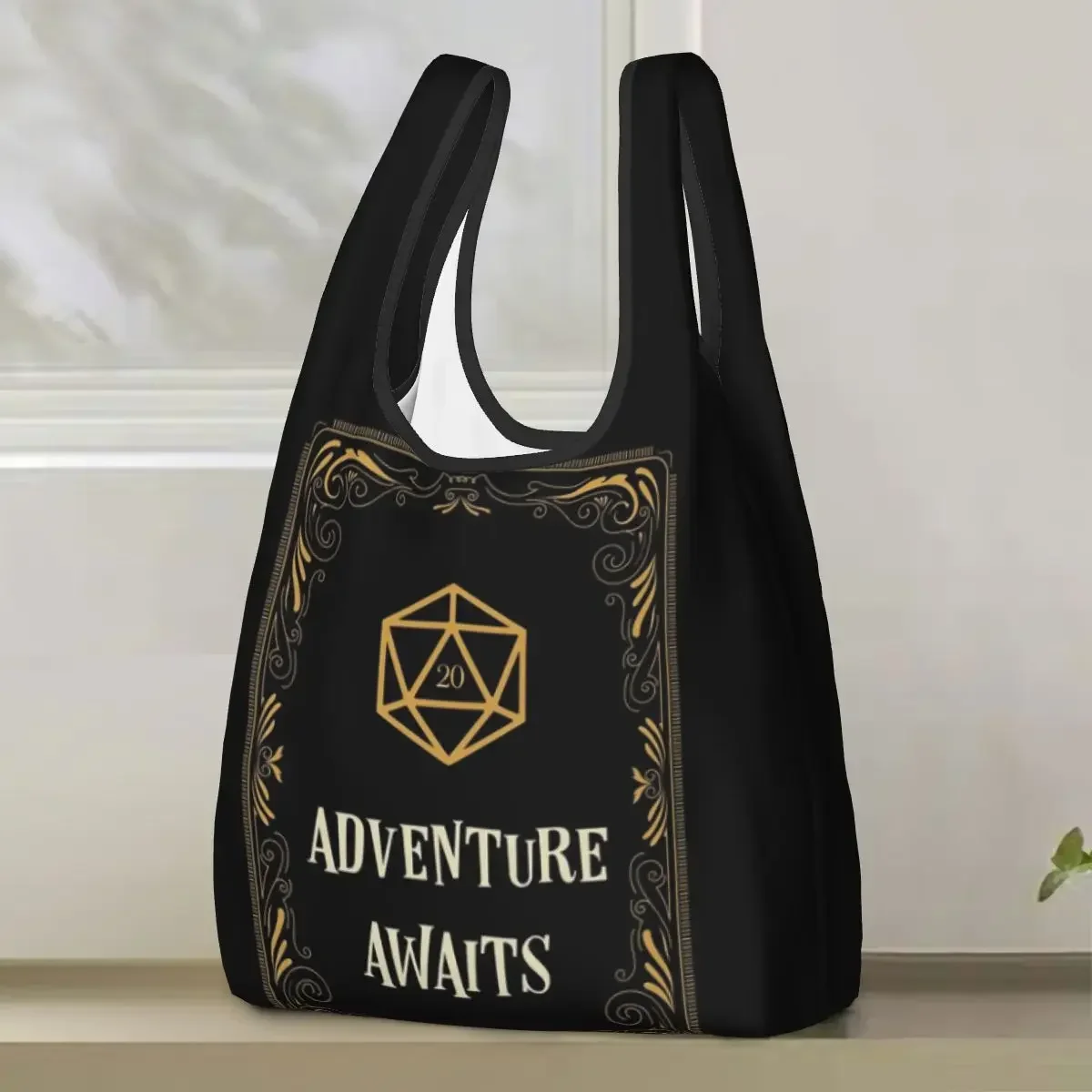 Adventure Awaits D20 Dice Tabletop RPG Shopping Bag Portable Tote Bags Foldable Shoulder Shopper Bag Grocery Handbag