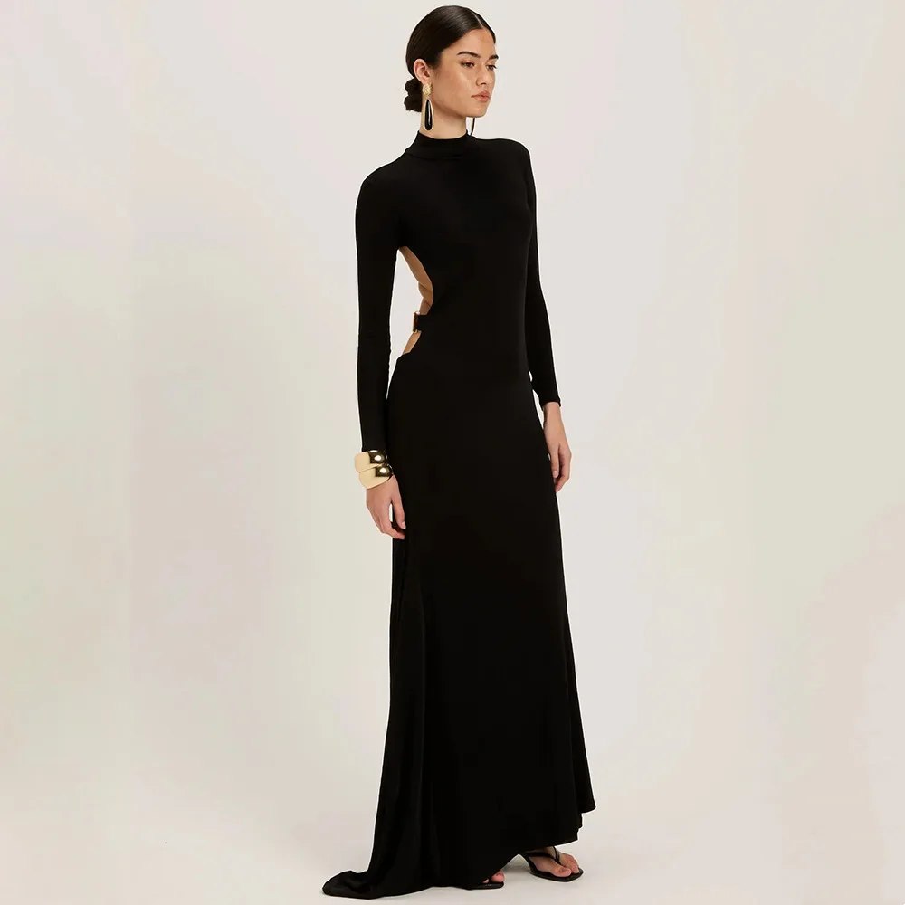 Apprabant-maxivestido de noche metálico elegante para mujer, vestido de fiesta Formal ajustado liso con cuello redondo y espalda descubierta, manga larga