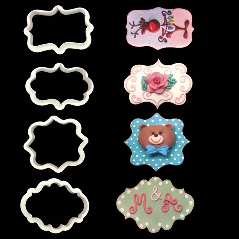 

4Pcs/Lot Vintage Plaque Frame Cookie Cutter Set Plastic Biscuit Mould Cake Decorating Tools Stainless Steel Cookie Mold