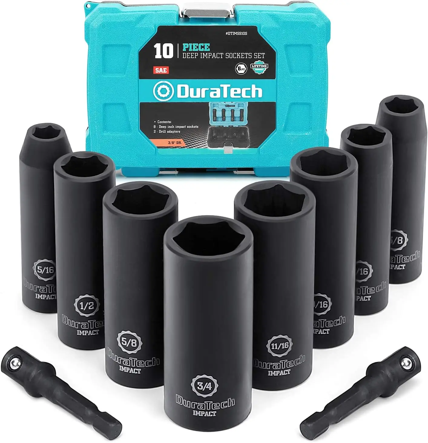

10-Piece 3/8" Drive 6 Point Deep Impact Socket Set, SAE Sizes with Extension Bars, Durable Chrome Vanadium Steel, Black