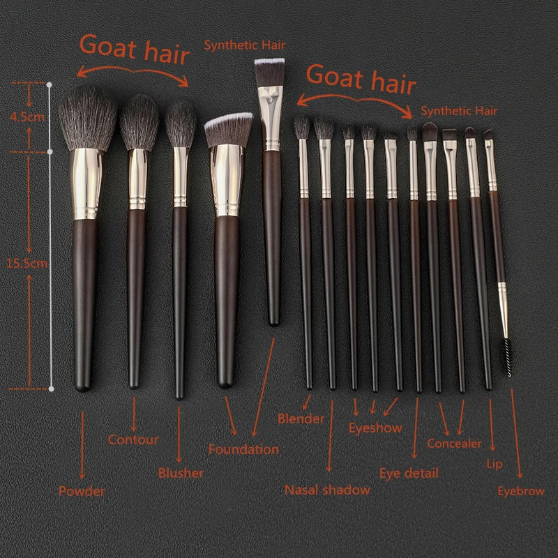 Goat Hair Makeup Brush Set 15 Pieces Including Powder Eyeshadow And Eyebrow Brushes With PU Case For Salon And Home