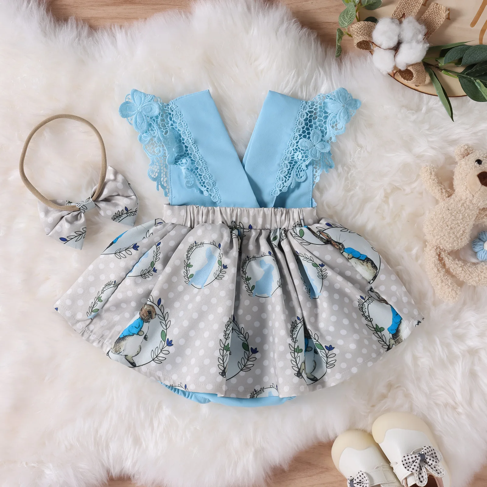 NuoNuoWell Clothes Summer 0 to 24M Baby Girl Sleeveless Bodysuit Infant Dress Headband Outfits Easter Baby Clothes Baby Items