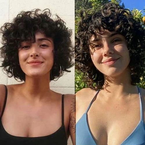 Imagen 2 del producto Pelucas de cabello humano para mujer, Pelo Corto con flequillo, corte Pixie, rizo Jerry, color ombré