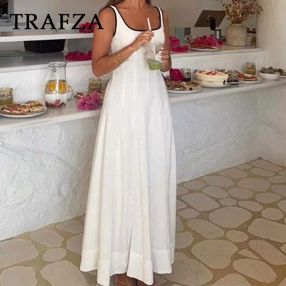

TRAFZA Chic Solid Woman Dress Fashion 2025 Summer Mini Sleeveless Holiday Square Collar Dress Pleated Female Party White Vestido