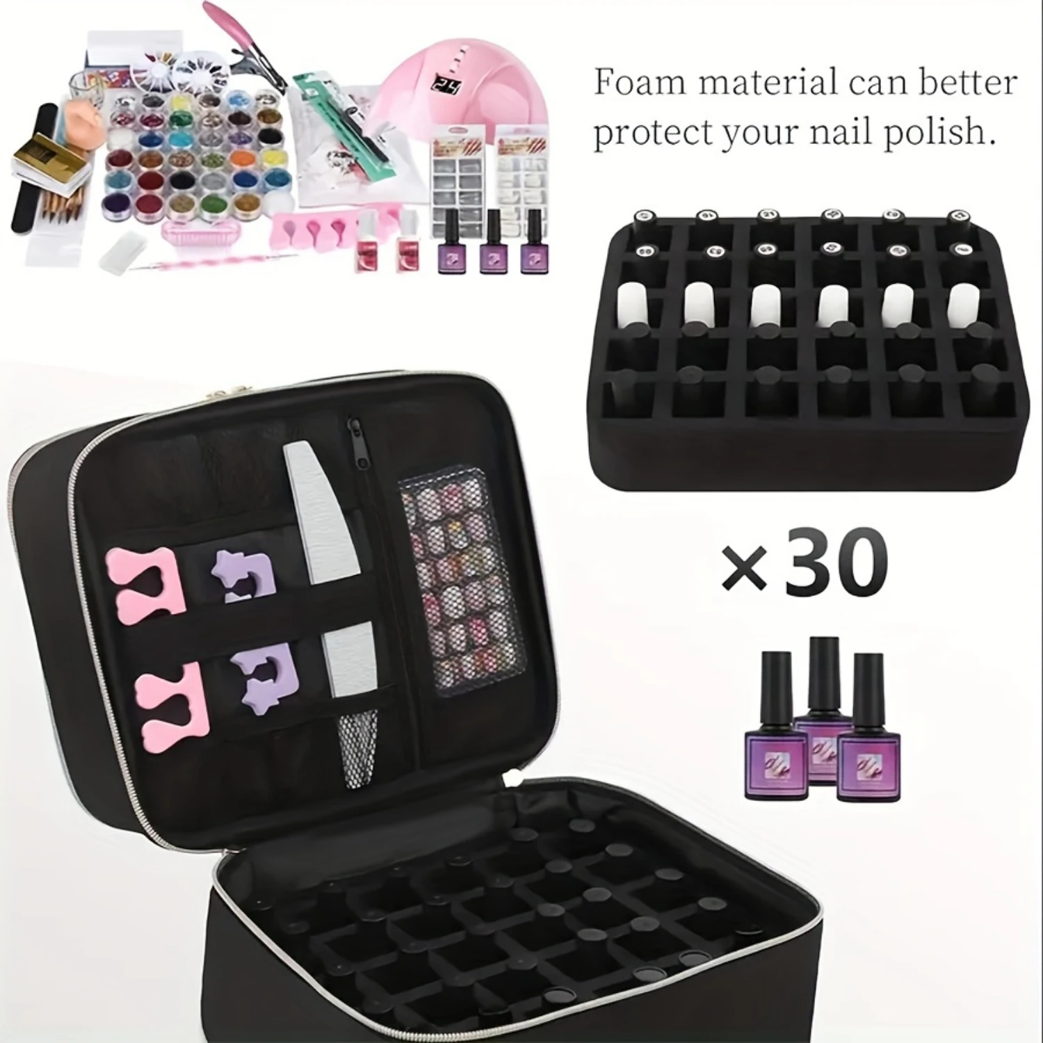 Nail Polish Carrying Case with Double Layers Organizer Bag for Gel Nail Polish, LED Nail Lamp Box - Multifunctional Makeup Bag f