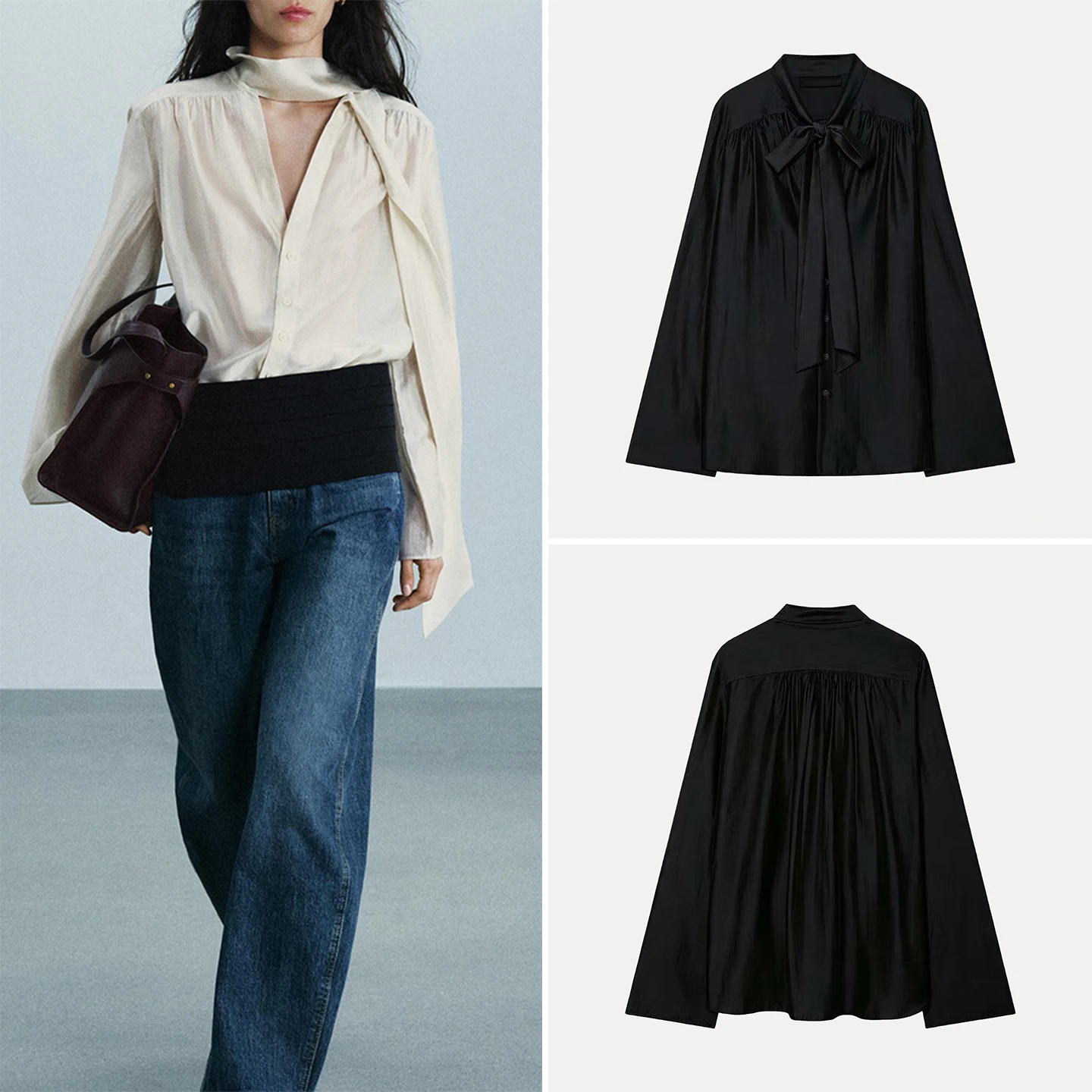 Women's Casual Style Long Sleeve V-neck Knot Decorated Shirt Loose Fit Autumn Fashion 2026 ZADATA Chinese Origin
