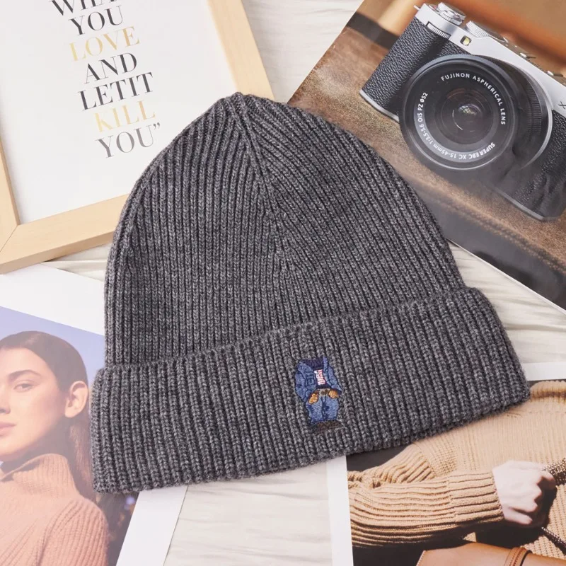 ​​Chic Single Roll Brim Beanie 2025 for Men Women Embroidered Bear Design Warm Acrylic Wool Blend Hat Unisex Gift Free Ship