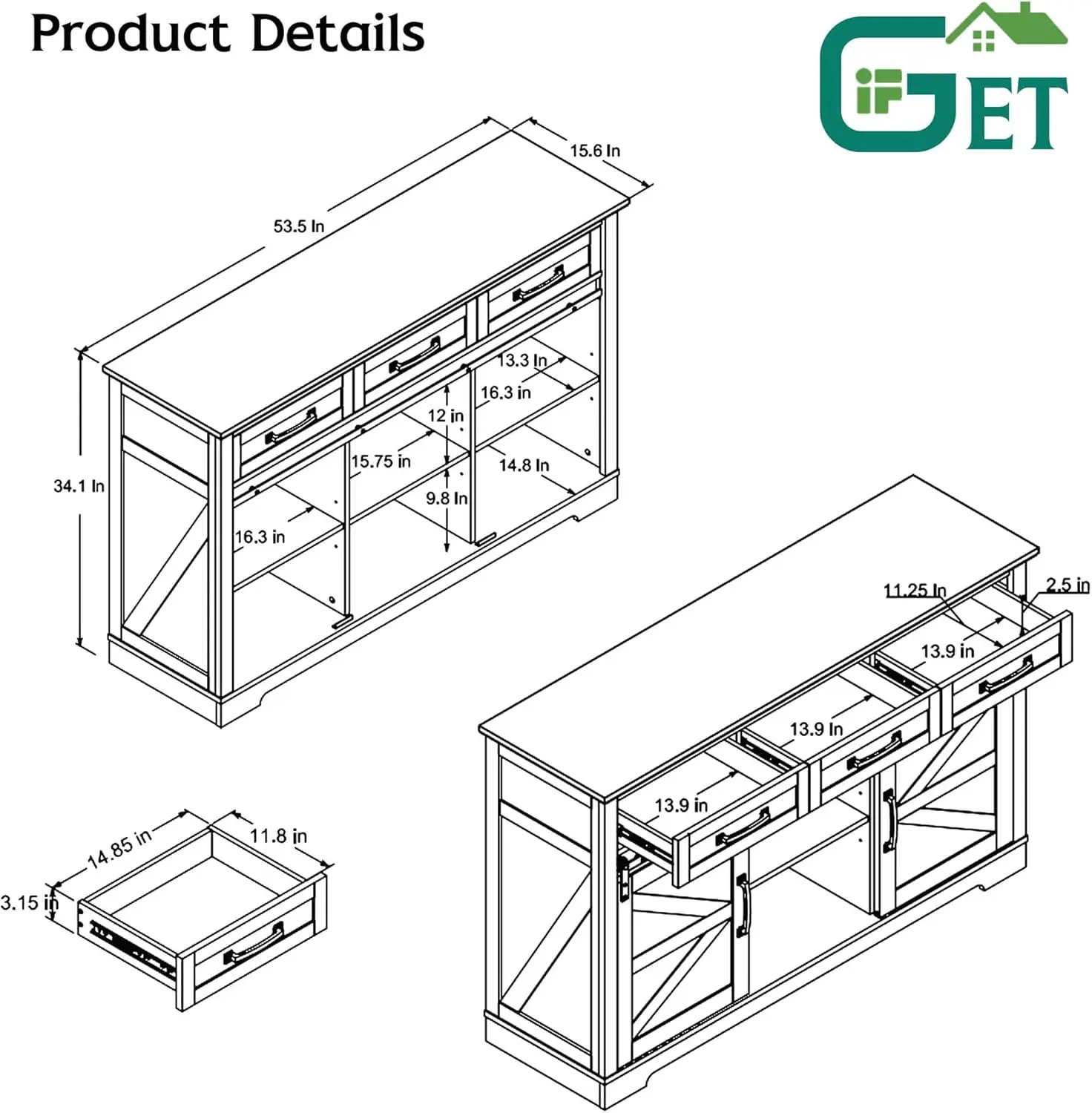 Farmhouse Buffet Cabinet, 53” Sideboard with 3 Drawers, Rustic White Storage Cabinet with Sliding Barn Door for Dining Room, Kit