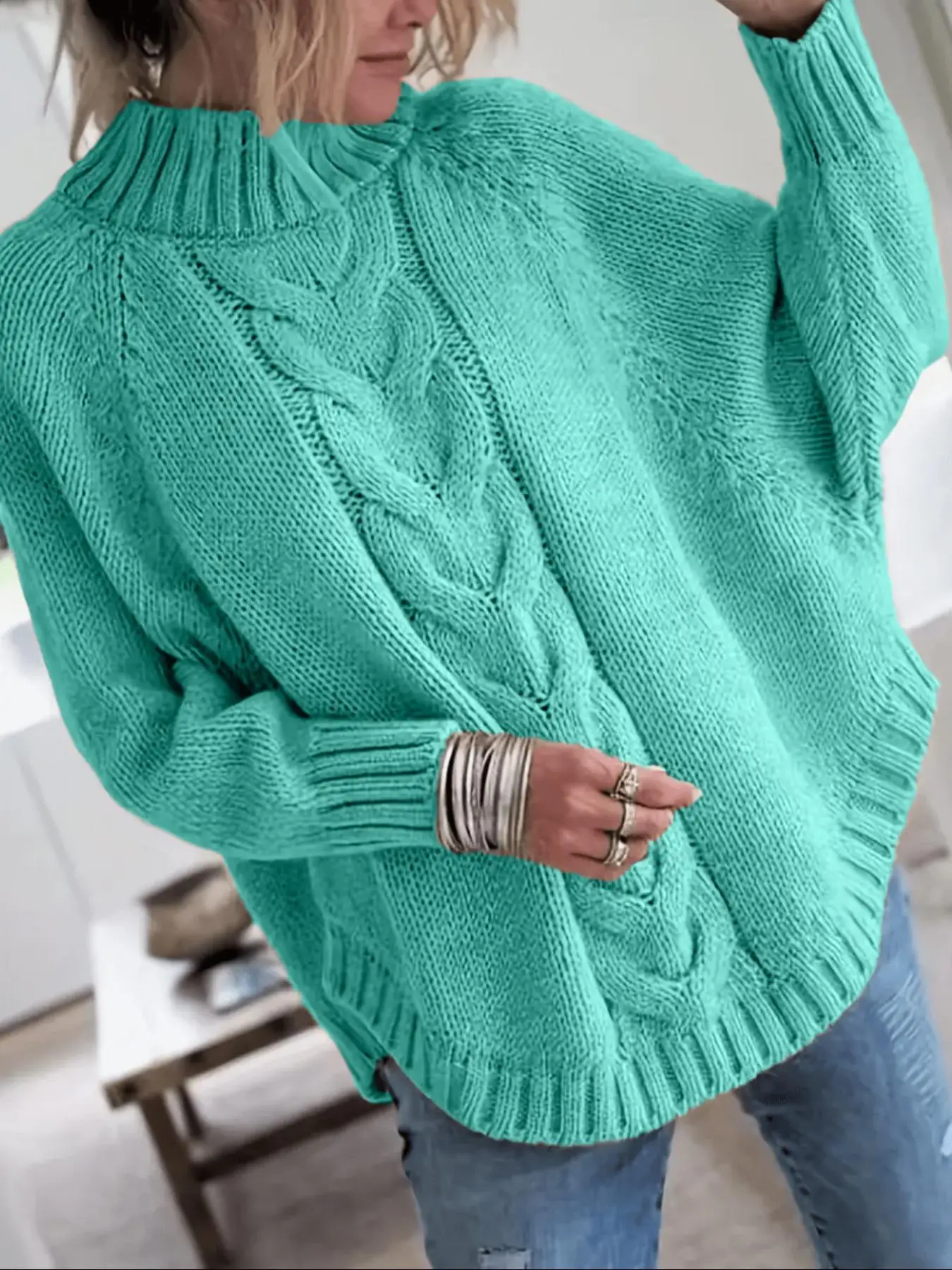 Damen Übergröße Lässiger Pullover mit Fledermausärmeln (Herbst/Winter) – Detail 7